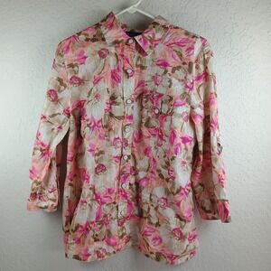 Karen Scott Floral Button Up Blouse Roll Tab Sleeves Women's Multicolor